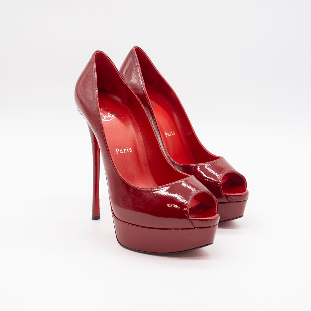Pantofi Louboutin Fetish Peep roșii – piele lăcuită, toc 150 mm