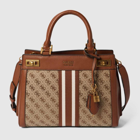 GUESS KATEY BROWN BAG – GEANTĂ MEDIE MARO CU LOGO ȘI DETALII AURII