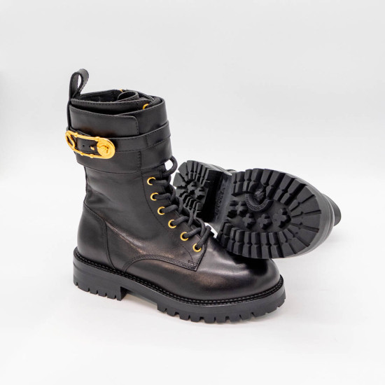 VERSACE SAFETY PIN LEATHER COMBAT BOOTS – GHETE DIN PIELE NEAGRĂ CU DETALII AURII