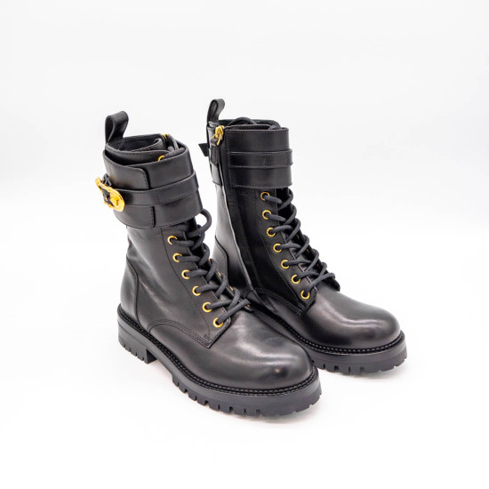 VERSACE SAFETY PIN LEATHER COMBAT BOOTS – GHETE DIN PIELE NEAGRĂ CU DETALII AURII