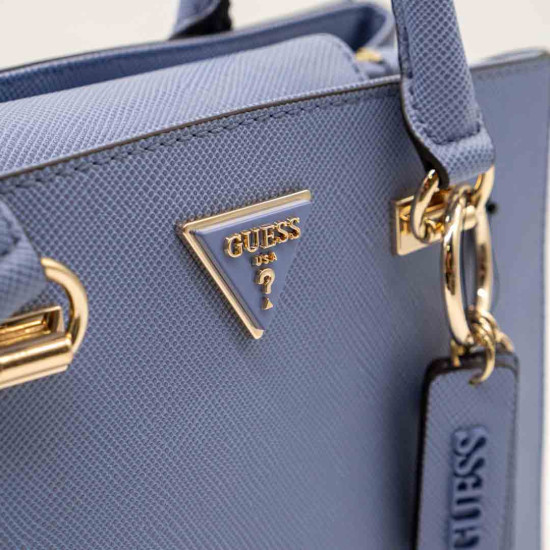 GUESS – GEANTĂ MEDIE ALBASTRU PASTEL DIN PIELE SAFFIANO CU DETALII AURII
