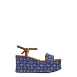 POLLINI- SANDALE WEDGE DENIM JACQUARD BLUE/BROWN