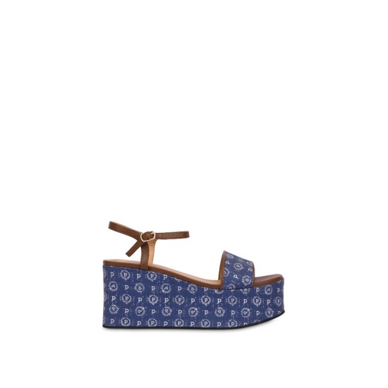 POLLINI- SANDALE WEDGE DENIM JACQUARD BLUE/BROWN