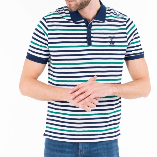 GUESS POLO BĂRBAȚI ALB CU DUNGI BLEUMARIN ȘI VERZI ȘI LOGO BRODAT
