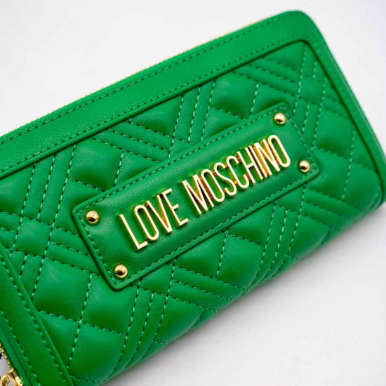PORTOFEL DAMĂ LOVE MOSCHINO VERDE MATLASAT CU FERMOAR – GREEN QUILTED ZIP WALLET