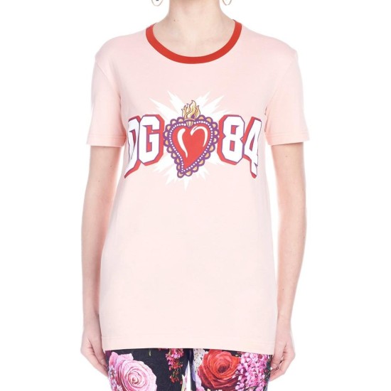 DOLCE & GABBANA WOMEN'S PRINTED COTTON JERSEY T-SHIRT PINK "84" DOLCE & GABBANA WOMEN'S PRINTED COTTON JERSEY T-SHIRT PINK "84"