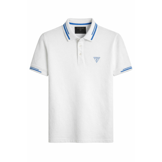 GUESS POLO BĂRBAȚI ALB CU GULER CONTRASTANT ALBASTRU ȘI LOGO