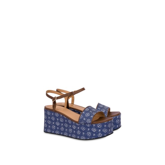 POLLINI- SANDALE WEDGE DENIM JACQUARD BLUE/BROWN