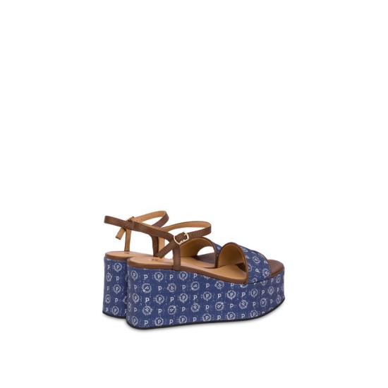 POLLINI- SANDALE WEDGE DENIM JACQUARD BLUE/BROWN