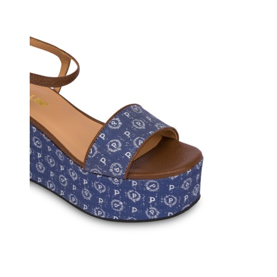 POLLINI- SANDALE WEDGE DENIM JACQUARD BLUE/BROWN