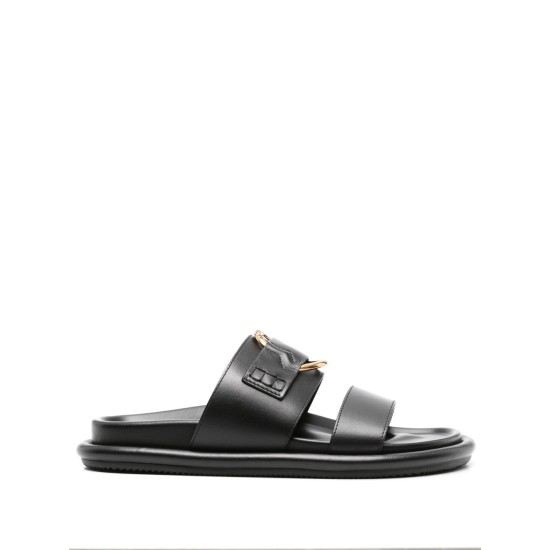 MONCLER BELL LEATHER SLIDES – SANDALE NEGRE DIN PIELE CU DETALIU METALIC MONCLER BELL LEATHER SLIDES – SANDALE NEGRE DIN PIELE CU DETALIU METALIC
