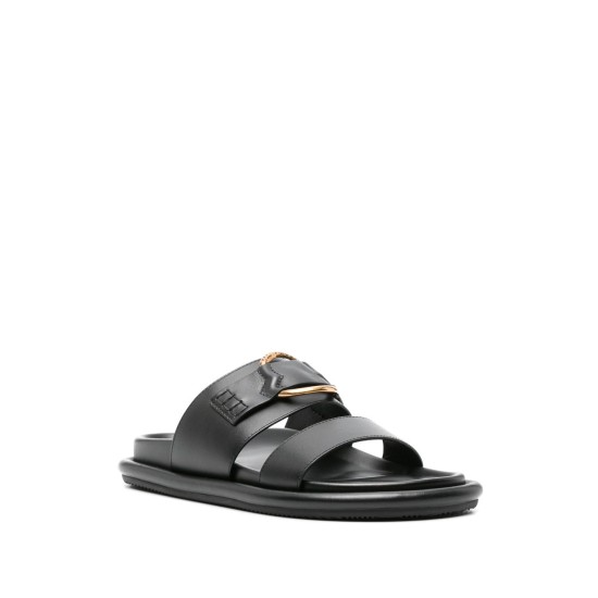 MONCLER BELL LEATHER SLIDES – SANDALE NEGRE DIN PIELE CU DETALIU METALIC MONCLER BELL LEATHER SLIDES – SANDALE NEGRE DIN PIELE CU DETALIU METALIC