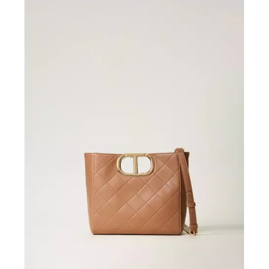 TWINSET GEANTĂ TOTE MEDIE CAMEL CU LOGO AURIU