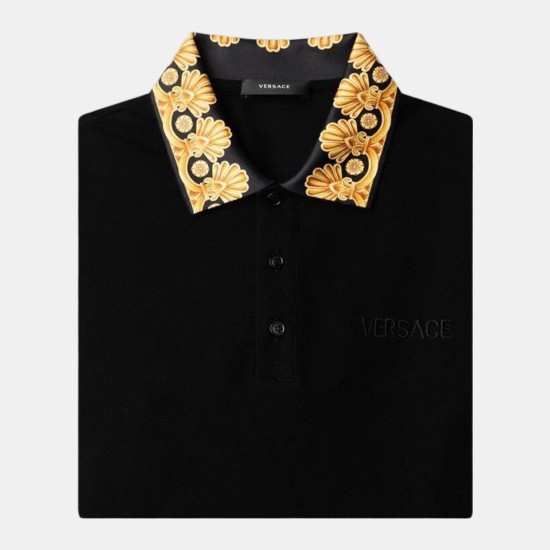 VERSACE POLO COTTON PIQUET 30/1 + HERITAGE PRINT COLLAR / BLACK
