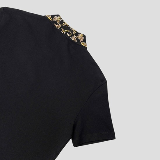 VERSACE POLO COTTON PIQUET FABRIC + HOTFIX EBROIDERED COLAR BLACK/GOLD