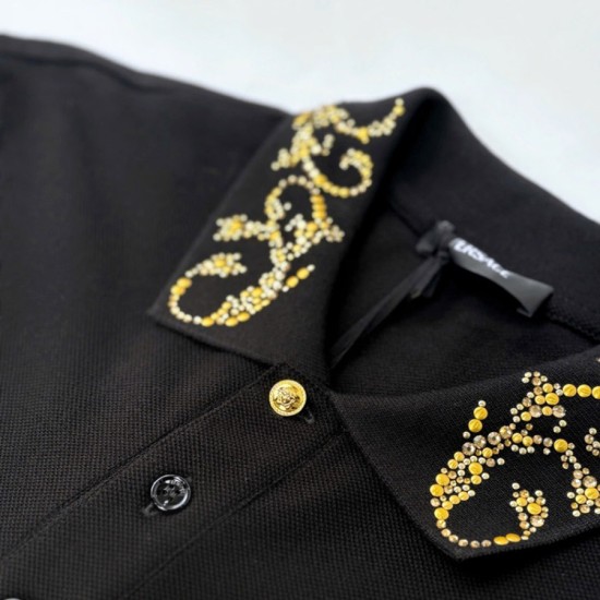 VERSACE POLO COTTON PIQUET FABRIC + HOTFIX EBROIDERED COLAR BLACK/GOLD
