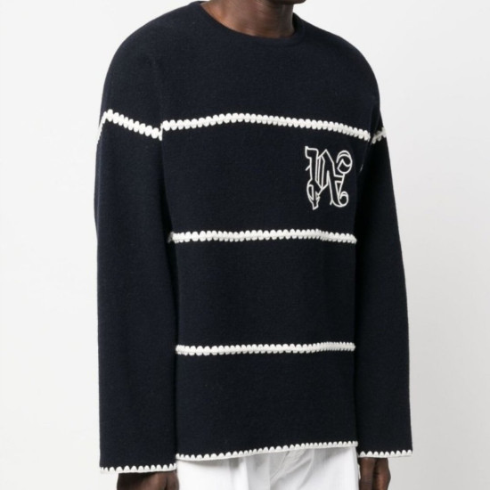 PALM ANGELS SWEATER IN WOOL BLEND – PULOVER NAVY CU MONOGRAMĂ BRODATĂ