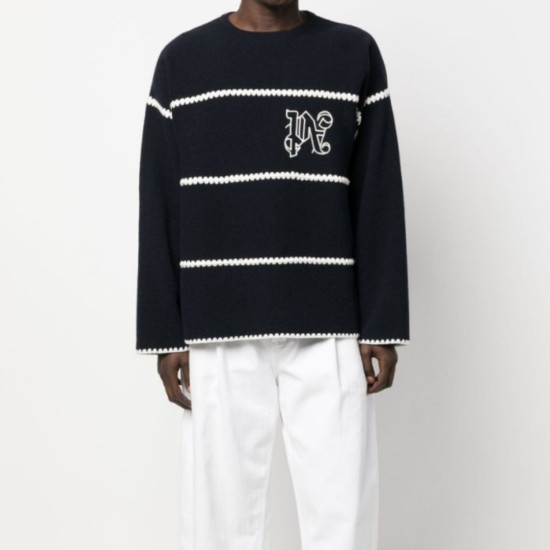 PALM ANGELS SWEATER IN WOOL BLEND – PULOVER NAVY CU MONOGRAMĂ BRODATĂ