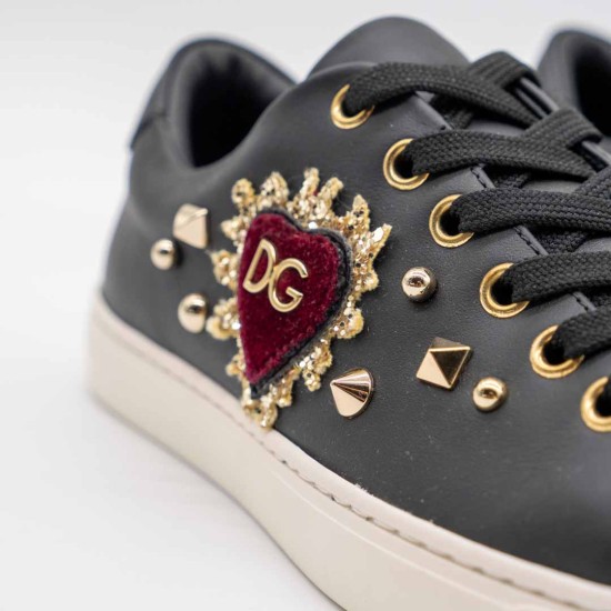 DOLCE & GABBANA SNEAKERS DAMĂ - BLACK LEATHER GOLD RED HEART